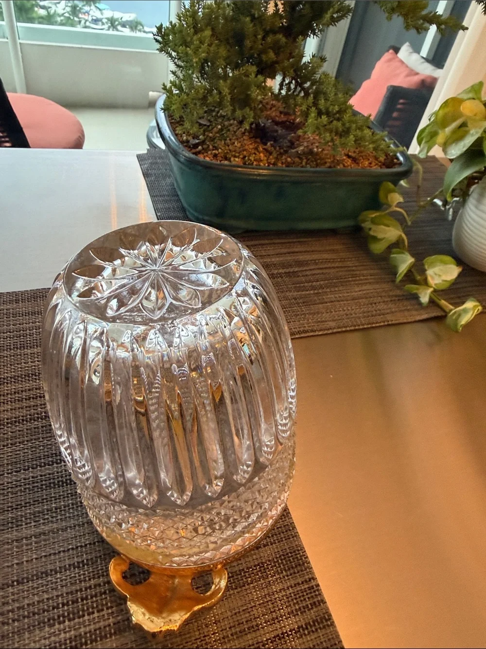 Glass Ice Bucket with Gold-Tone Rim and Decorative Handles